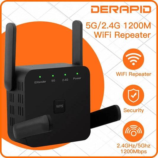 1200Mbps WiFi Repeater – Dual Band 2.4GHz/5GHz Wireless Signal Booster with EU/US Plug for Home & Office