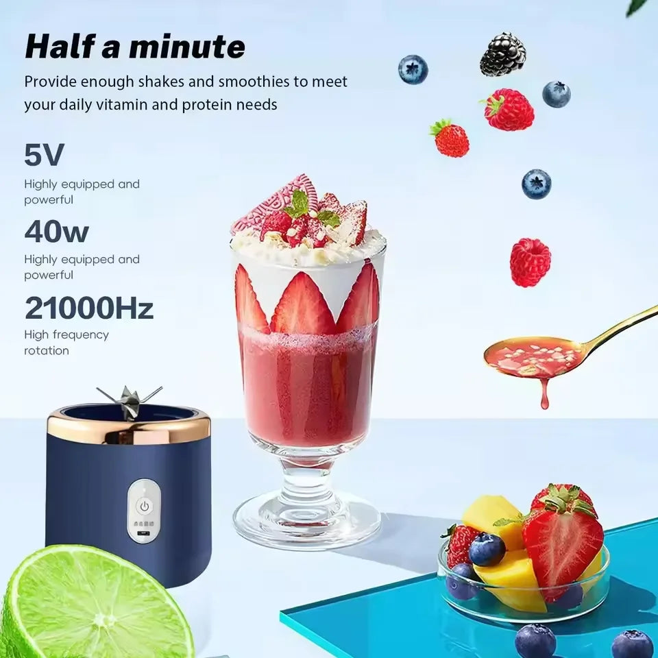 Electric Juicer with 6 Blades USB Portable Wireless Mini Smoothie Blender – Fruit Squeezer & Ice Crusher, 300ML Rechargeable Cup for Kitchen & Travel