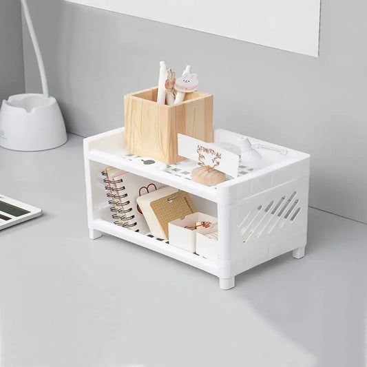 Double Layer Desktop Storage Rack – White Rectangular Organizer for Cosmetics, Stationery & Office Supplies