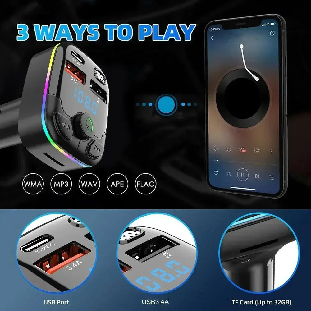 Car FM Transmitter PD Type-C Dual USB Ambient Player MP3 Bluetooth 5.0  Fast Charger Type-C Wireless Light Handsfree PD