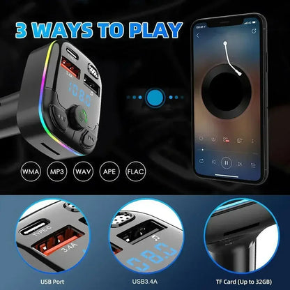 Car FM Transmitter PD Type-C Dual USB Ambient Player MP3 Bluetooth 5.0  Fast Charger Type-C Wireless Light Handsfree PD