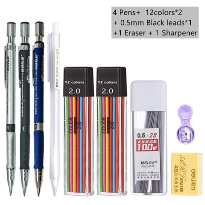 Mechanical Pencil Set 2.0 mm with 2B Black/Colors Lead Refill For Writing Sketching Art Drawing Painting School Automatic Pencil