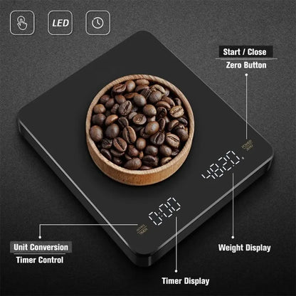 Digital Coffee Scale with Timer – High-Precision Espresso Scale (USB Rechargeable, LED Display, 3kg Max, 0.1g Accuracy)