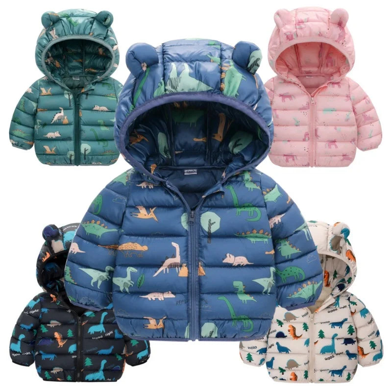 Children’s Lightweight Down Jacket with Hood – Boys Girls Autumn Dinosaur Print Coat