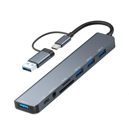 موزع USB-C، مقسم USB، موسع USB 8 في 1 مع 4 منافذ USB ومنفذ USB-C واحد وقارئ بطاقات TF/SD ومخرج صوت، متوافق مع أجهزة MacBook 