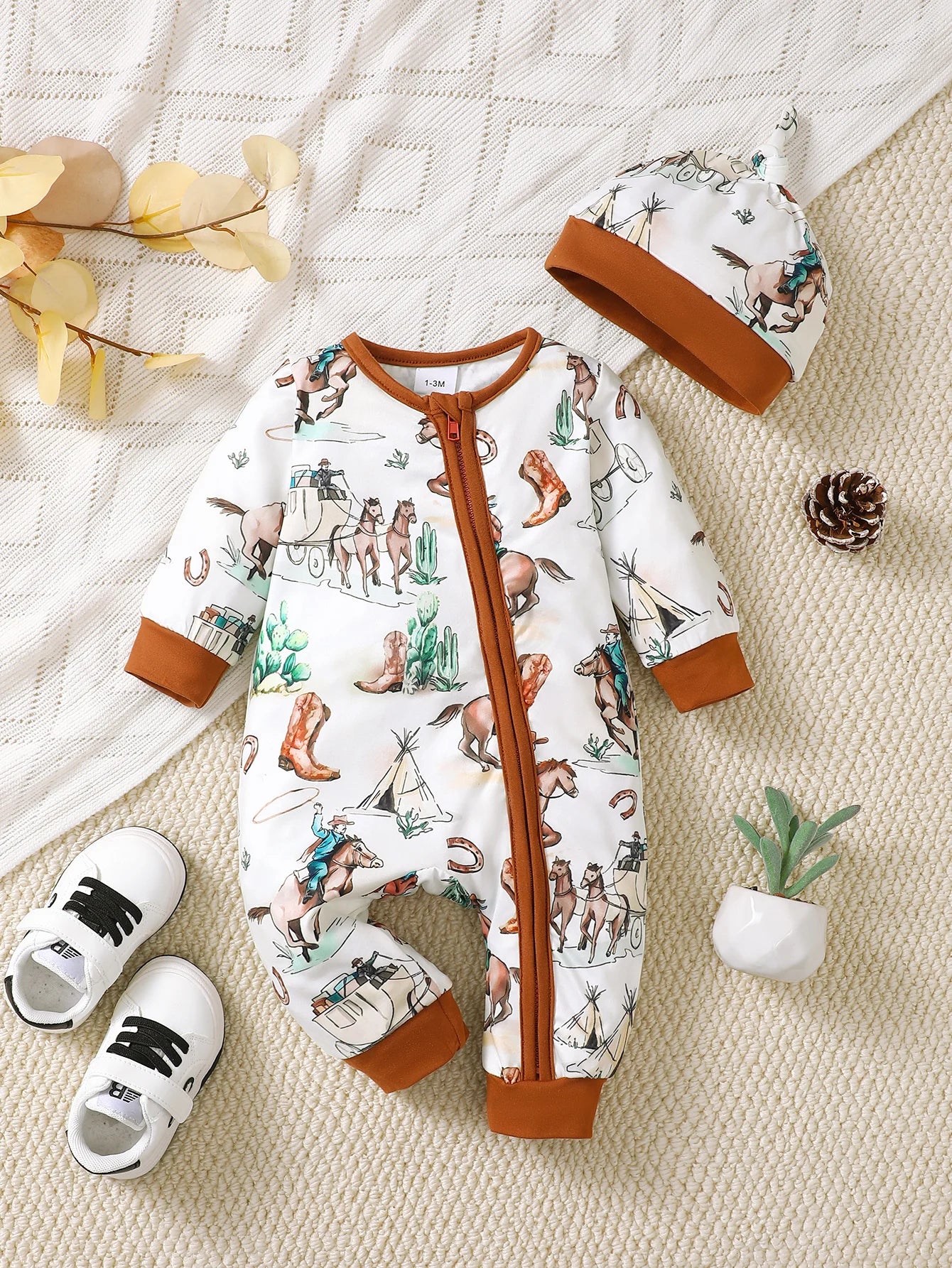 Bear Print Baby Romper – Soft Long Sleeve Winter Jumpsuit for Infants