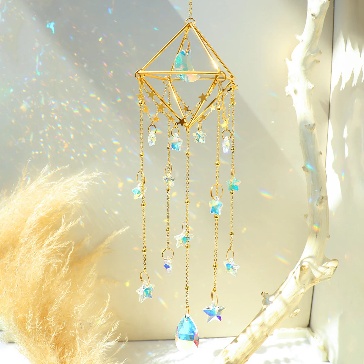 Hanging Sun Catcher Crystal Teardrop Chandelier Wind Chime Prism Suncatcher Rainbow Maker Light Catcher Window Garden Decoration