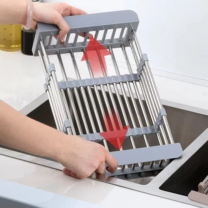 Stainless Steel Extendable Kitchen Sink Drain Rack – Adjustable Dish Drying Basket & Fruit Vegetable Washing Drainer Storage Organizer