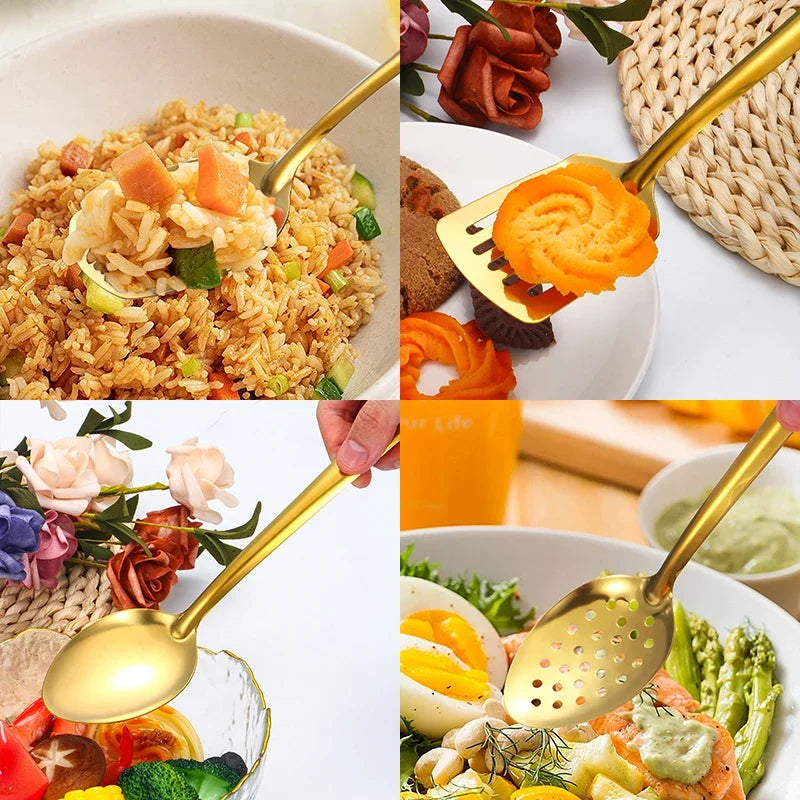 طقم أدوات مائدة كوري مكون من 6 قطع، مصنوع من الفولاذ المقاوم للصدأ، يتضمن ملاعق ذهبية، مناسب للطبخ المنزلي. 