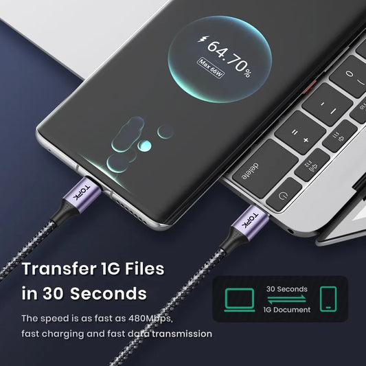 TOPK 60W PD Fast Charging USB C to USB Type-C Cable – Durable 2m PD Cable for MacBook Pro & Samsung