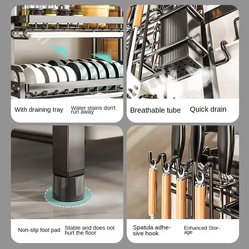 Multi-Functional 1/2-Tier Kitchen Dish Rack with Chopsticks, Knives & Cutting Board Holder – Space-Saving Sink Storage & Draining Rack
