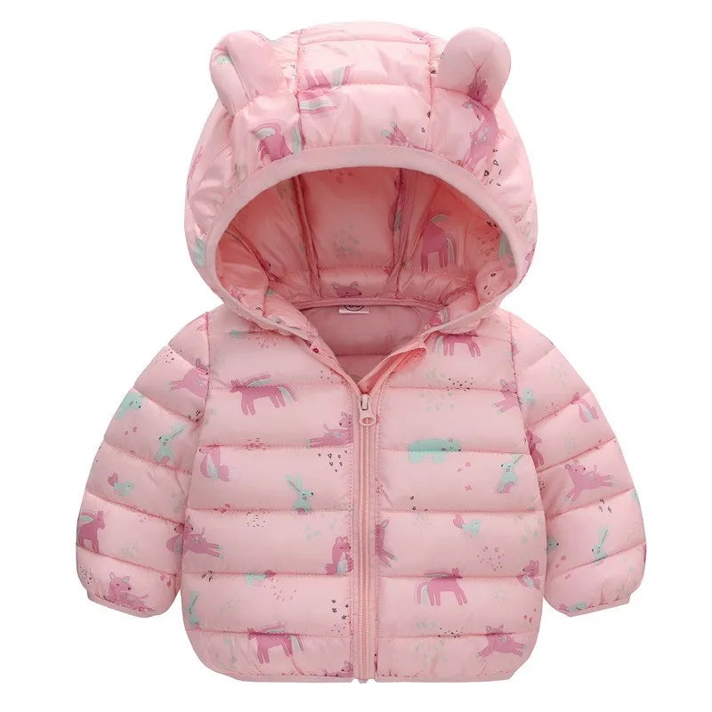 Children’s Lightweight Down Jacket with Hood – Boys Girls Autumn Dinosaur Print Coat