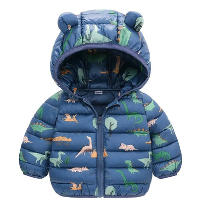 Children’s Lightweight Down Jacket with Hood – Boys Girls Autumn Dinosaur Print Coat