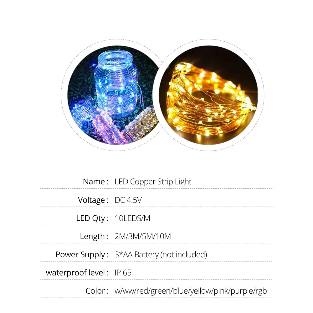 سلسلة أضواء زينة LED من أسلاك نحاسية تعمل بالبطارية - مقاومة للماء من 2 إلى 10 أمتار - مثالية لتزيين حفلات الزفاف وأعياد الميلاد