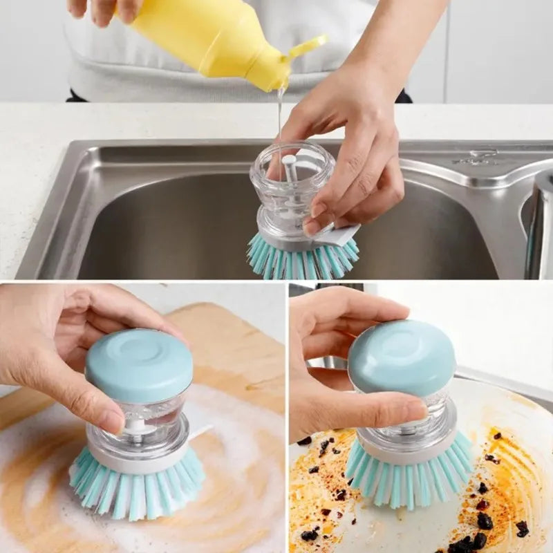 Dishwashing Brush with Soap Dispenser Non-Stick Grease Kitchen Push-On Cleaning Brush with Refillable Soap for Pots and Pans