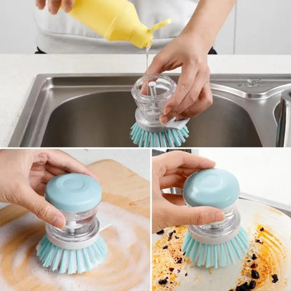 Dishwashing Brush with Soap Dispenser Non-Stick Grease Kitchen Push-On Cleaning Brush with Refillable Soap for Pots and Pans