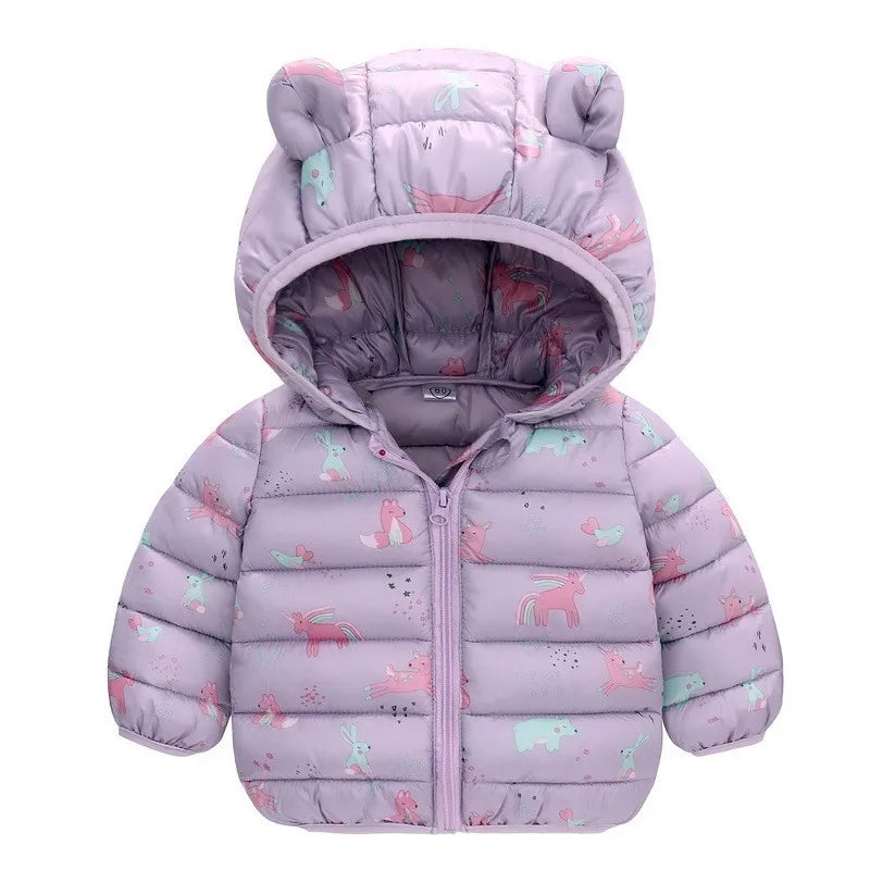 Children’s Lightweight Down Jacket with Hood – Boys Girls Autumn Dinosaur Print Coat