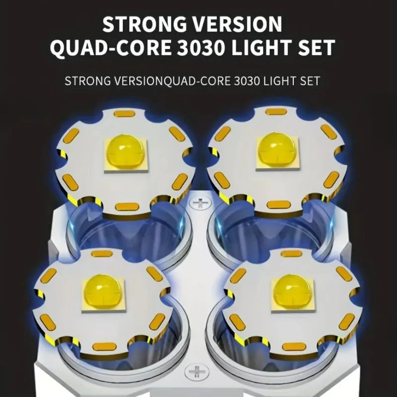 مصباح يدوي محمول قوي مزود بأربعة مصابيح LED وإضاءة جانبية COB، بأربعة أوضاع إضاءة، قابل لإعادة الشحن عبر منفذ USB، أداة تخييم، كشاف للأنشطة الخارجية 