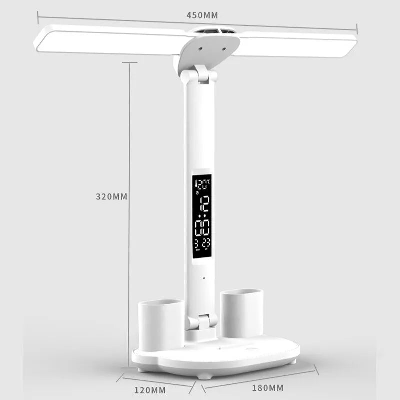 LED Clock Table Lamp – USB Rechargeable Foldable Desk Light with Dimmable Touch Control & Eye Protection for Reading, Study & Office