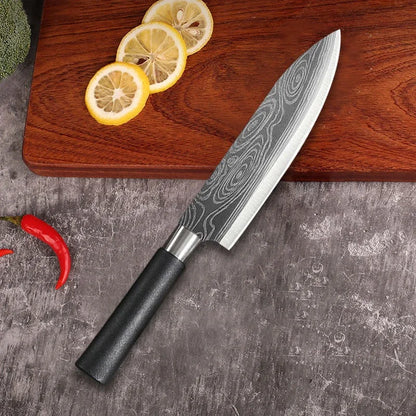 Laser Damascus Pattern Kitchen Knife & Scissors Set – Stainless Steel Utility Knives with Sharpening Rod for Precise Slicing