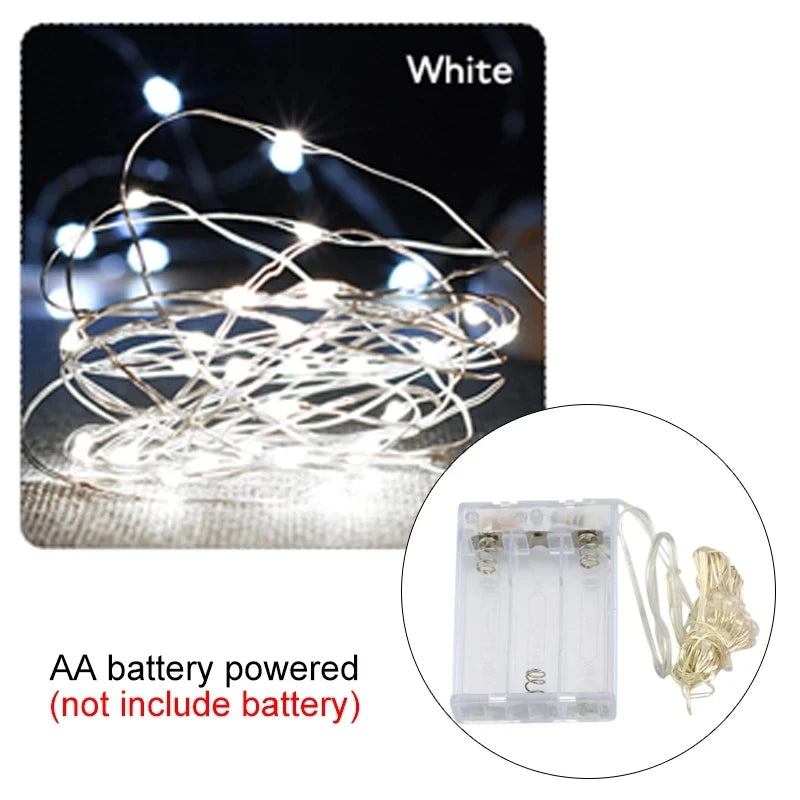 سلسلة أضواء زينة LED من أسلاك نحاسية تعمل بالبطارية - مقاومة للماء من 2 إلى 10 أمتار - مثالية لتزيين حفلات الزفاف وأعياد الميلاد