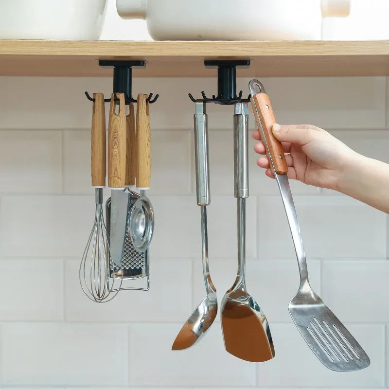 Rotating Kitchen Hooks Storage Rack – No-Punch Wall-Mounted Multifunctional Organizer for Kitchenware
