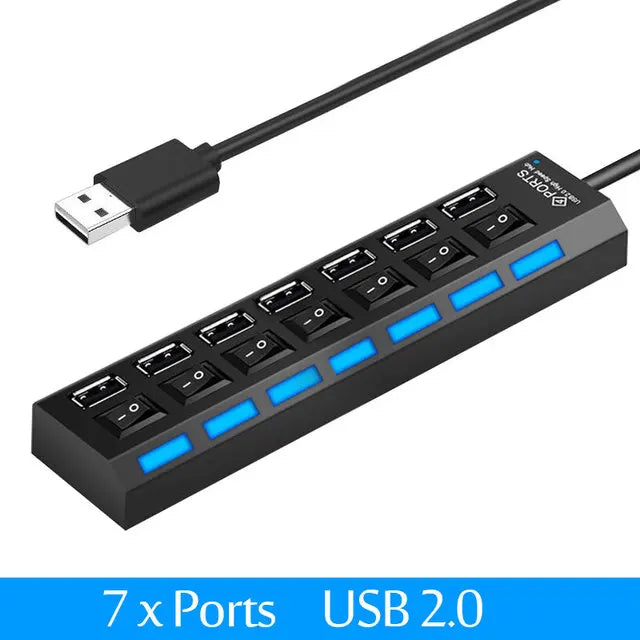 USB Hub 7 Port Multi USB Splitter Power Adapter Multiple Expander With On Off Switch For PC Laptop MacBook Accessories