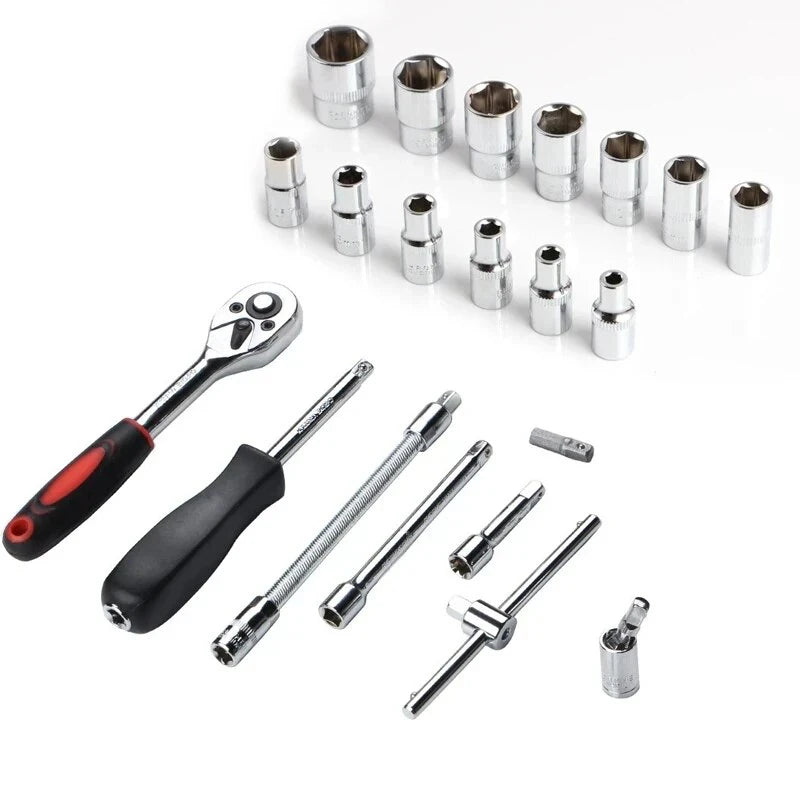 46PCS Car Repair Tool Kit – 1/4-Inch Socket & Ratchet Set for Auto Maintenance & Torque Wrench Jobs