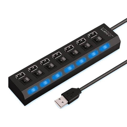 Multi USB Splitter Hub 2.0 – 4/7 Port High-Speed USB Expander with LED Switch for PC & Laptop Data Transfer