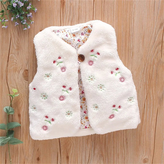 Girls’ Embroidered Fur Vest – Sleeveless Warm Coat with Floral Design (0–3 Years)