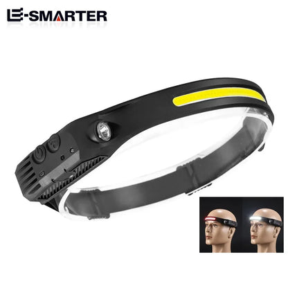 COB LED Sensor Head Lamp Induction Headlamp Built-in Battery Flashlight USB Rechargeable Head Torch 5 Lighting Modes Headlight