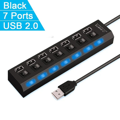 موزع USB متعدد المنافذ 2.0 - 4/7 منافذ USB عالية السرعة مع مفتاح LED لنقل البيانات من أجهزة الكمبيوتر المكتبية والمحمولة