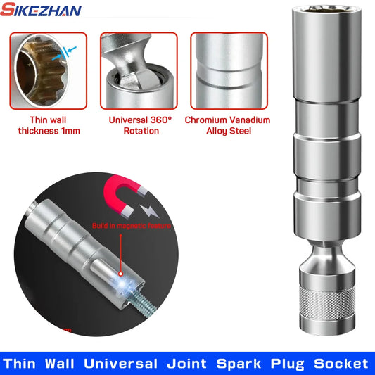 16mm With Magnetic Thin Wall Universal Joint Spark Plug Socket 12 Angle Flexible Socket Wrench Car Repair Tool
