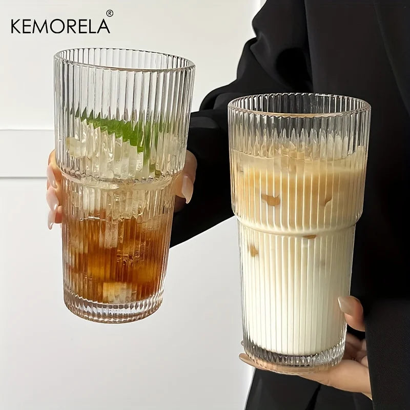 600ML Stripe Glass Coffee Cup with Lid – Transparent Juice & Iced Coffee Mug, Cold Drink Glassware without Straw