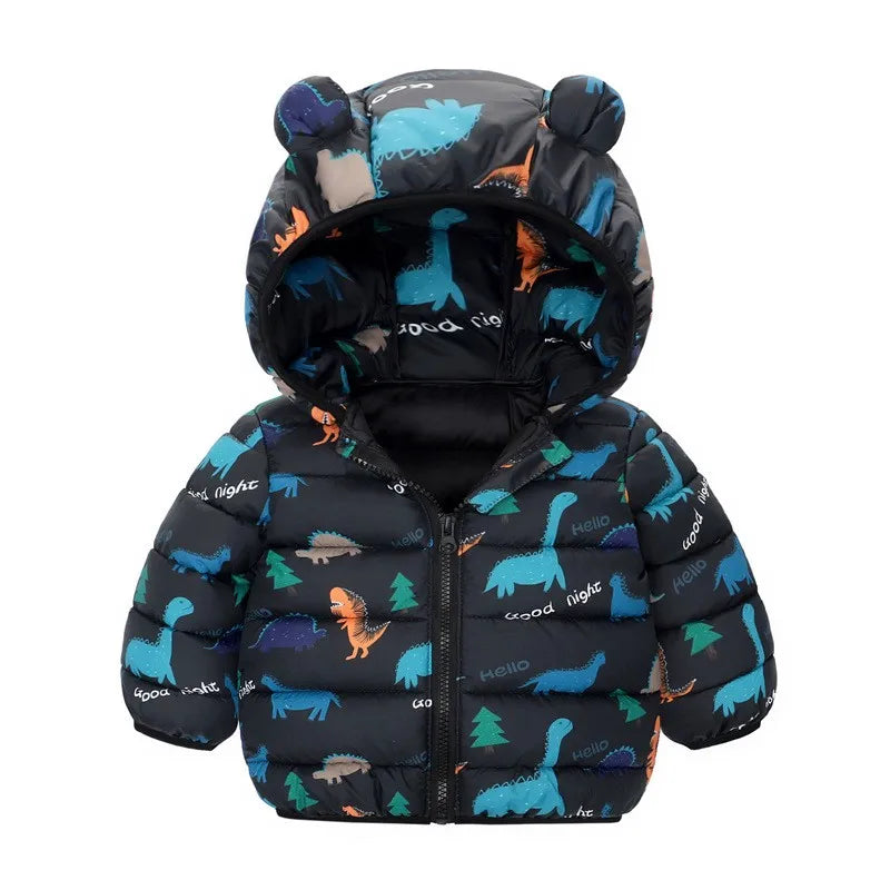 Children’s Lightweight Down Jacket with Hood – Boys Girls Autumn Dinosaur Print Coat