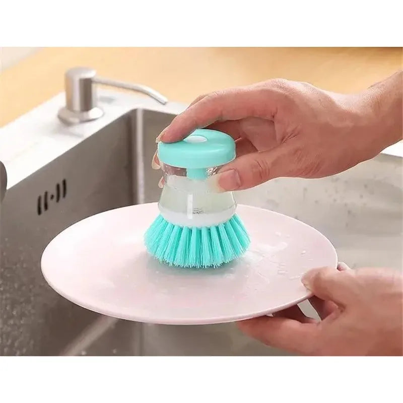 Dishwashing Brush with Soap Dispenser Non-Stick Grease Kitchen Push-On Cleaning Brush with Refillable Soap for Pots and Pans