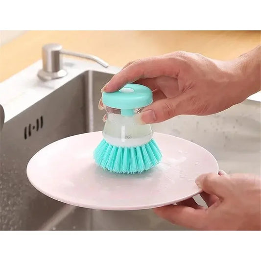 Dishwashing Brush with Soap Dispenser Non-Stick Grease Kitchen Push-On Cleaning Brush with Refillable Soap for Pots and Pans