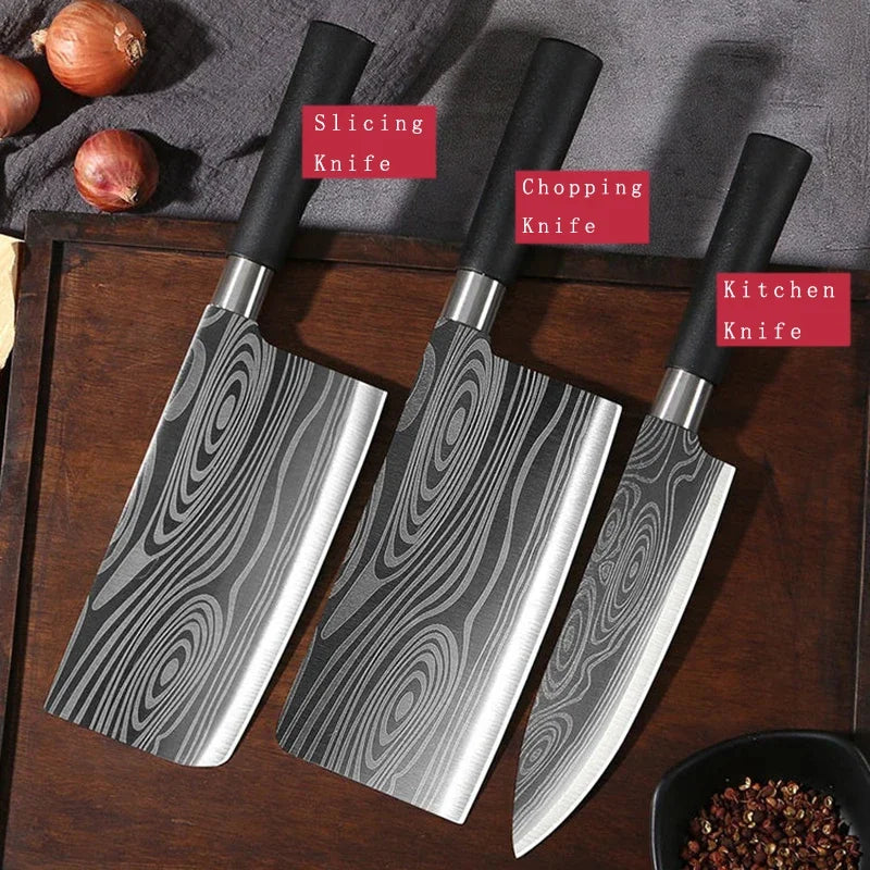 Laser Damascus Pattern Kitchen Knife & Scissors Set – Stainless Steel Utility Knives with Sharpening Rod for Precise Slicing