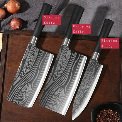 Laser Damascus Pattern Kitchen Knife & Scissors Set – Stainless Steel Utility Knives with Sharpening Rod for Precise Slicing