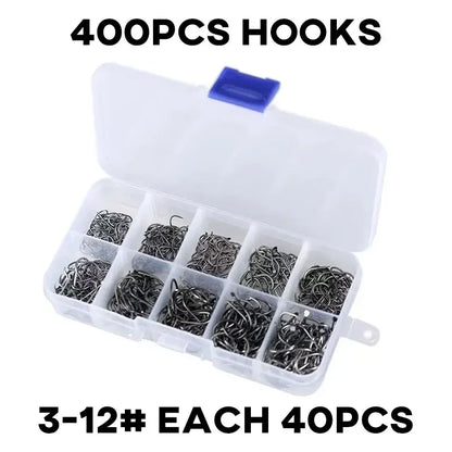 400Pcs Carbon Steel Carp Fishing Hooks – Barbed Fishhook Set with Storage Box (Sizes 3#–12#)