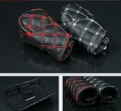 2 Pieces 2 In 1 Wine Red Leather Durable Car Auto Hand Brake Gear Shift Knob Interior Protect Cover Sleeve