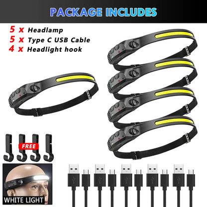 COB LED Sensor Head Lamp Induction Headlamp Built-in Battery Flashlight USB Rechargeable Head Torch 5 Lighting Modes Headlight