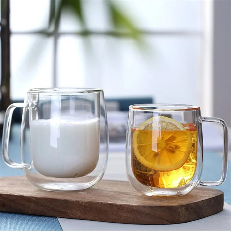150-350ml Heat Resistant Double Wall Borosilicate Glass Coffee Mug with Handle – Insulated Clear Glass Cup for Milk, Water & Hot Drinks, Perfect Gift