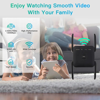 مكرر إشارة واي فاي بسرعة 1200 ميجابت في الثانية - معزز إشارة لاسلكي ثنائي النطاق 2.4 جيجاهرتز/5 جيجاهرتز مع قابس أوروبي/أمريكي للمنزل والمكتب