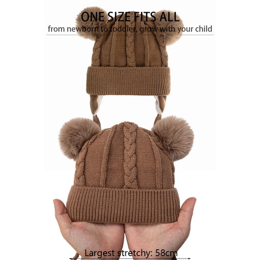 Bear Knit Winter Hat – Warm Baby Earmuff Cap with Pompoms & Cotton Lining