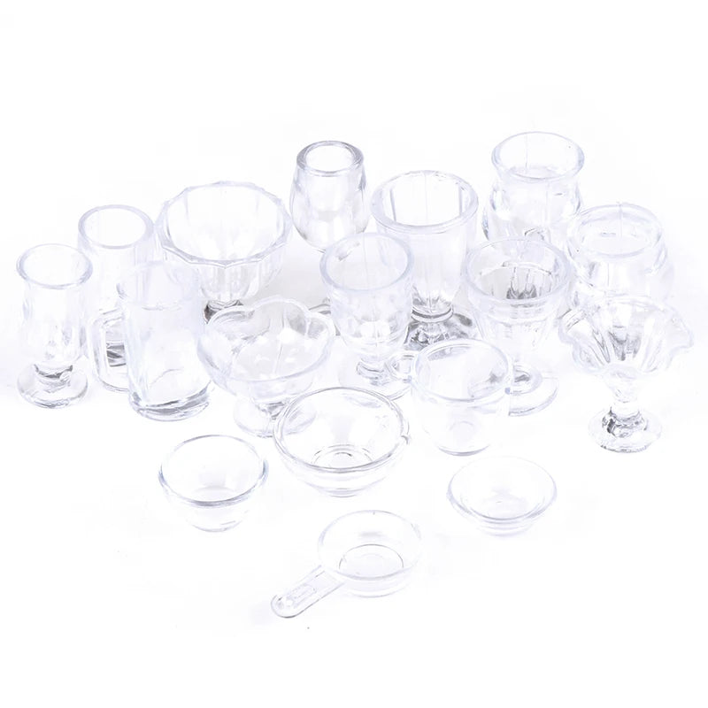 17Pcs/Set Mini Transparent Kitchenware Toy Drink Cups Dish Plate Tableware Miniatures DIY Pretend Play