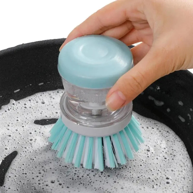 Dishwashing Brush with Soap Dispenser Non-Stick Grease Kitchen Push-On Cleaning Brush with Refillable Soap for Pots and Pans