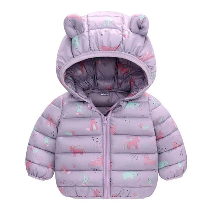 Children’s Lightweight Down Jacket with Hood – Boys Girls Autumn Dinosaur Print Coat