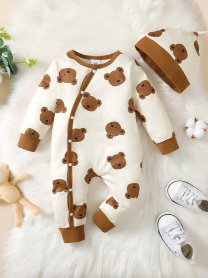 Bear Print Baby Romper – Soft Long Sleeve Winter Jumpsuit for Infants