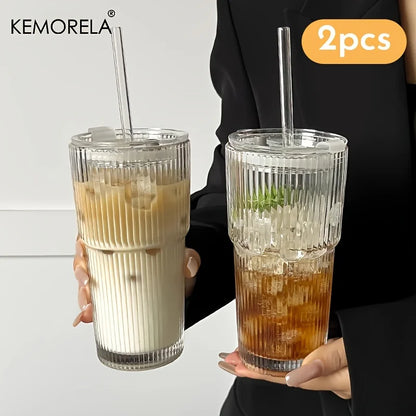 600ML Stripe Glass Coffee Cup with Lid – Transparent Juice & Iced Coffee Mug, Cold Drink Glassware without Straw